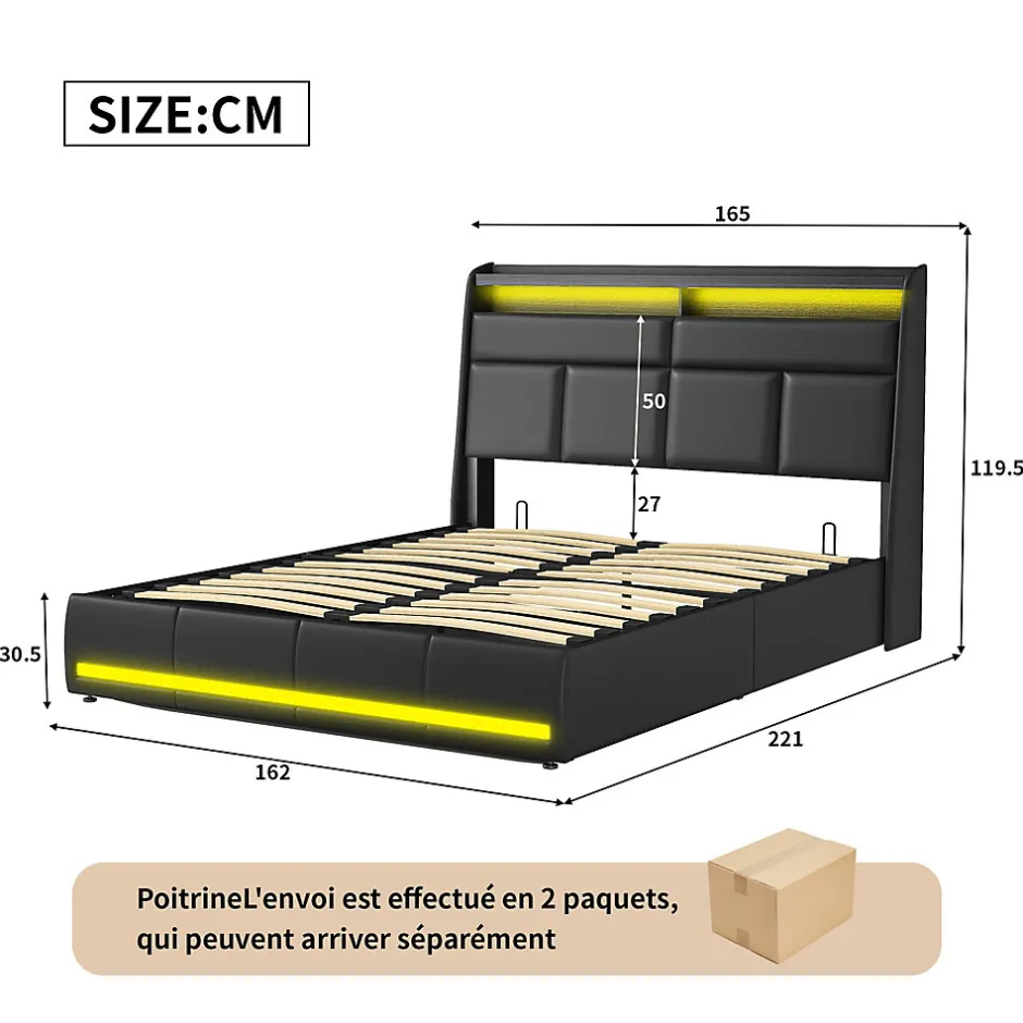 ProximaX Lit tapissé 160x200 cm en PU noir avec LED, ports USB, sommier hydraulique et grand espace de rangement