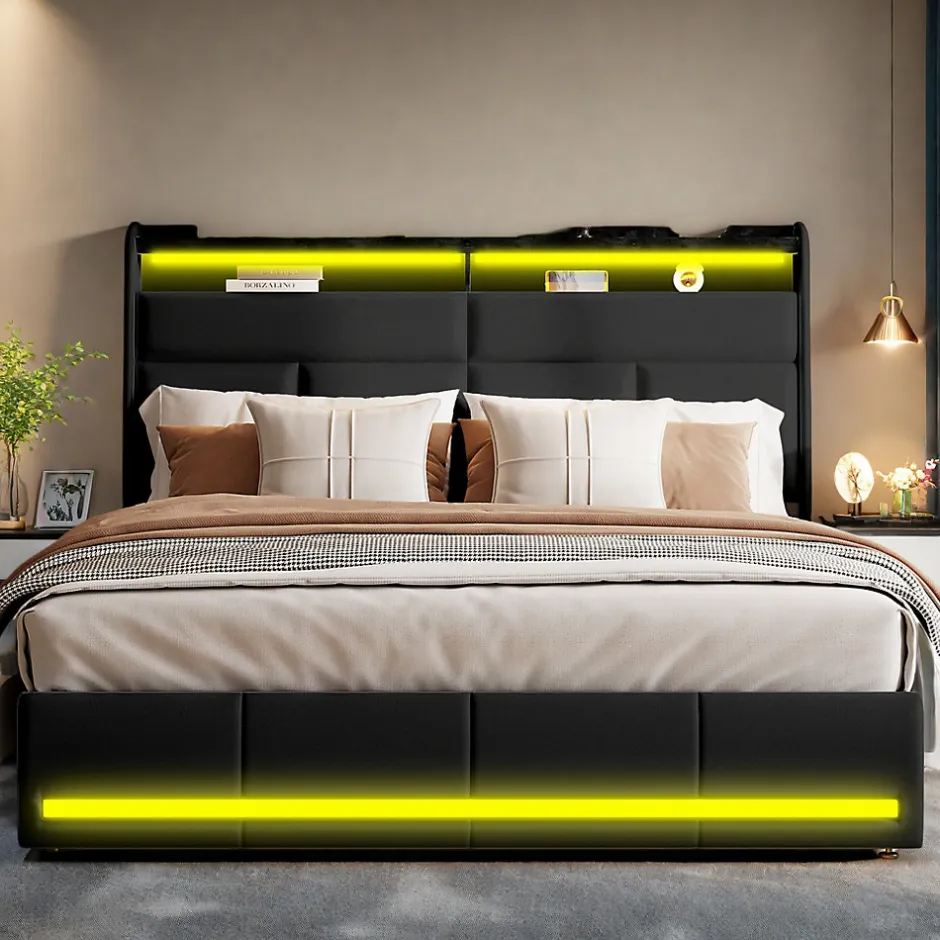 ProximaX Lit tapissé 160x200 cm en PU noir avec LED, ports USB, sommier hydraulique et grand espace de rangement