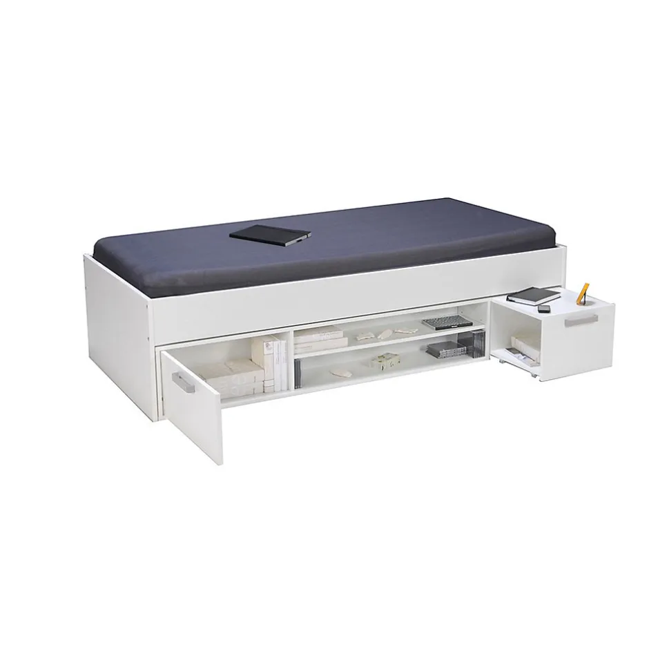 Weber Industries Lit TESS 90x190 + chevet + étagère + rangement / Blanc
