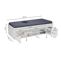 Weber Industries Lit TESS 90x190 + chevet + étagère + rangement / Blanc