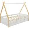 Vente-unique Lit tipi 90 x 190 cm avec tiroirs - Pin et MDF - Coloris : Blanc et naturel - LUANCO