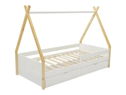 Vente-unique Lit tipi 90 x 190 cm avec tiroirs - Pin et MDF - Coloris : Blanc et naturel - LUANCO