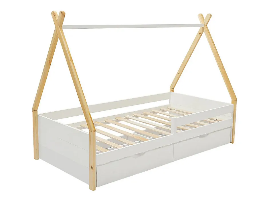 Vente-unique Lit tipi 90 x 190 cm avec tiroirs - Pin et MDF - Coloris : Blanc et naturel - LUANCO