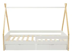 Vente-unique Lit tipi 90 x 190 cm avec tiroirs - Pin et MDF - Coloris : Blanc et naturel - LUANCO