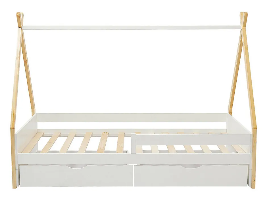 Vente-unique Lit tipi 90 x 190 cm avec tiroirs - Pin et MDF - Coloris : Blanc et naturel - LUANCO