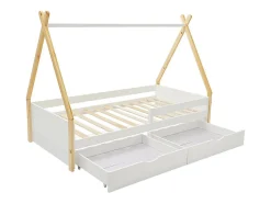 Vente-unique Lit tipi 90 x 190 cm avec tiroirs - Pin et MDF - Coloris : Blanc et naturel - LUANCO