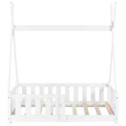 Enfant [En.Casa] Lit Tipi pour Enfants Helsingborg avec Grille de Sécurité Pin 140 x 70 cm Blanc en.casa