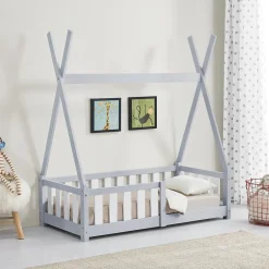 [En.Casa] Lit Tipi pour Enfants Helsingborg avec Grille de Sécurité Pin 140 x 70 cm Gris Clair en.casa Online