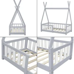 [En.Casa] Lit Tipi pour Enfants Helsingborg avec Grille de Sécurité Pin 140 x 70 cm Gris Clair en.casa Online