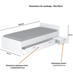 Weber Industries Lit TWIST 90x190 + chevet + tiroir / Blanc