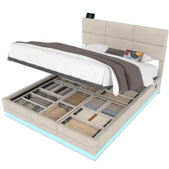 Blackcolors Lit velours 140x200 cm, tête réglable, USB/Type-C, LED, hydraulique - beige