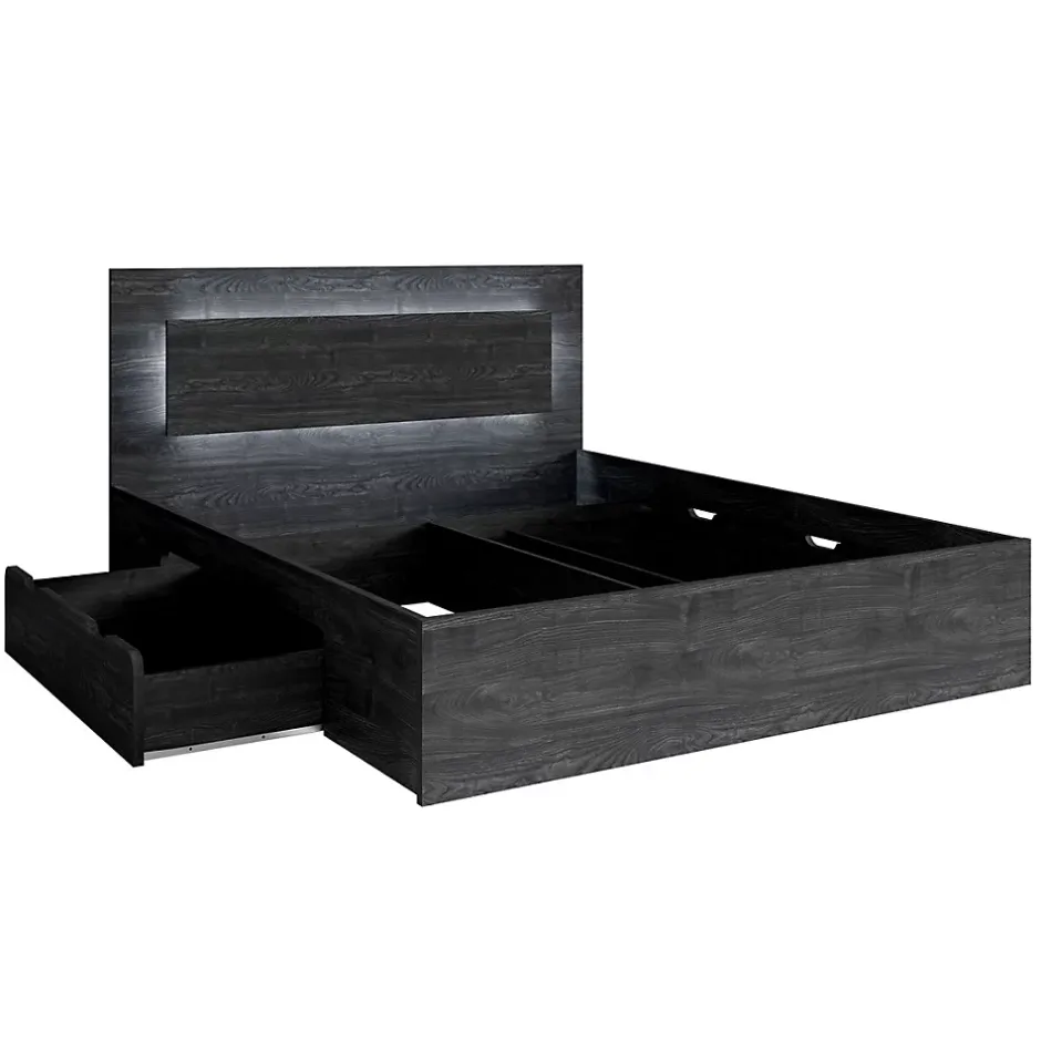 Meublorama Lit VELTIS 180x200 cm avec tete de lit LED Coloris frene noir Sommier et matelas non inclus Online