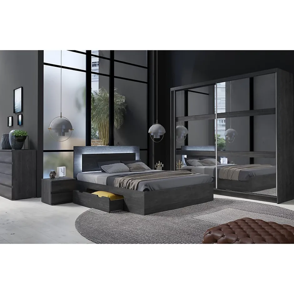 Meublorama Lit VELTIS 180x200 cm avec tete de lit LED Coloris frene noir Sommier et matelas non inclus Online