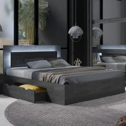 Meublorama Lit VELTIS 180x200 cm avec tete de lit LED Coloris frene noir Sommier et matelas non inclus Online