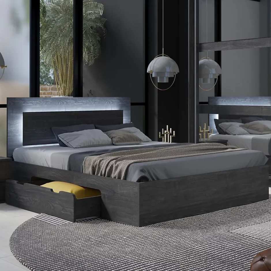 Meublorama Lit VELTIS 180x200 cm avec tete de lit LED Coloris frene noir Sommier et matelas non inclus Online