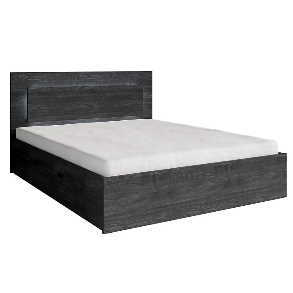 Meublorama Lit VELTIS 180x200 cm avec tete de lit LED Coloris frene noir Sommier et matelas non inclus Online