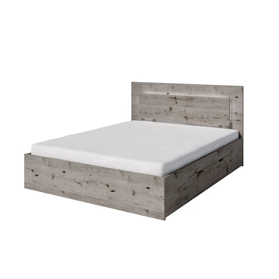 Meublorama Lit VELTIS 160x200 cm avec tete de lit LED Coloris chene Wellington Sommier et matelas non inclus