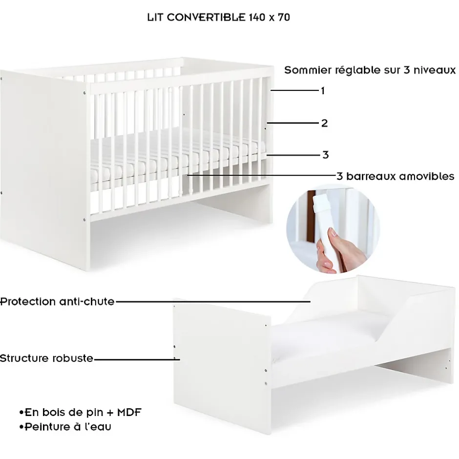Monmobilierdesign Lit évolutif Bébé Convertible En Lit Enfant Blanc 140x70 Hot