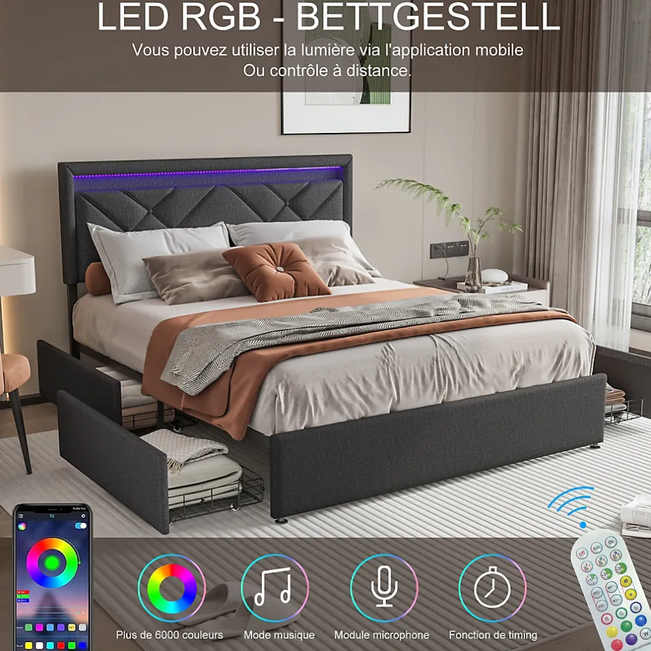 Generique Lit 160x200 avec LED et USB, Lit Double avec à Lattes, Lit capitonné 160x200cm avec 4 tiroirs et Grand Rangement Lit, Gris Outlet