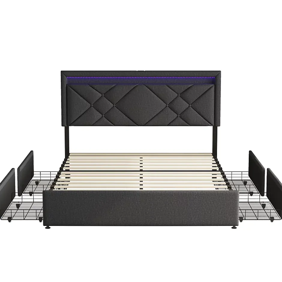 Generique Lit 160x200 avec LED et USB, Lit Double avec à Lattes, Lit capitonné 160x200cm avec 4 tiroirs et Grand Rangement Lit, Gris Outlet