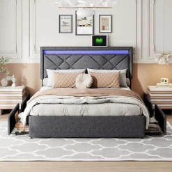 Generique Lit 160x200 avec LED et USB, Lit Double avec à Lattes, Lit capitonné 160x200cm avec 4 tiroirs et Grand Rangement Lit, Gris Outlet