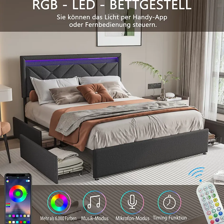 Generique Lit 160x200 avec LED et USB, Lit Double avec à Lattes, Lit capitonné 160x200cm avec 4 tiroirs et Grand Rangement Lit, Gris Outlet