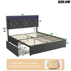 Generique Lit 160x200 avec LED et USB, Lit Double avec à Lattes, Lit capitonné 160x200cm avec 4 tiroirs et Grand Rangement Lit, Gris Outlet