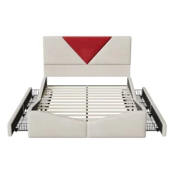 Simple Life Lit 140x190 avec Rangements, Tête de Lit Bicolore Bordeaux, 2 Tiroirs, Design Moderne, Velours, Beige Hot