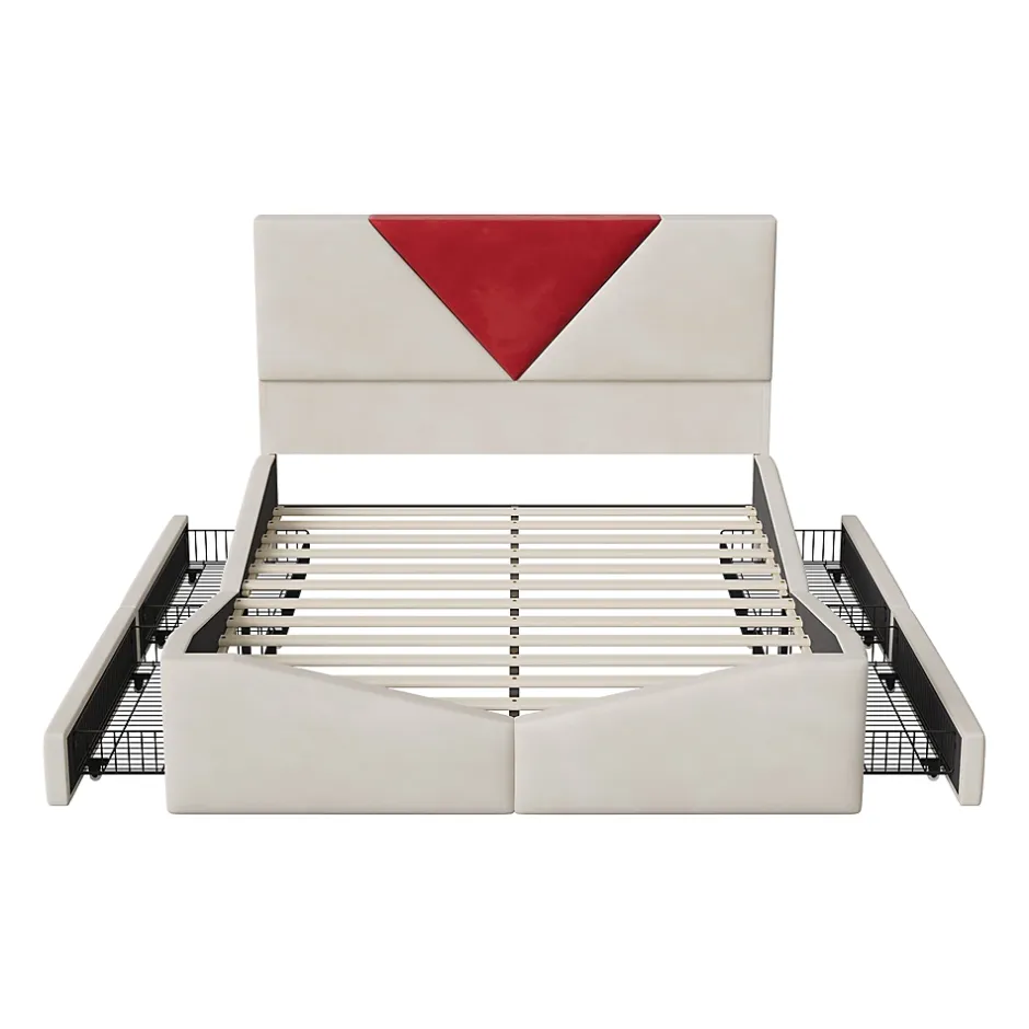 Simple Life Lit 140x190 avec Rangements, Tête de Lit Bicolore Bordeaux, 2 Tiroirs, Design Moderne, Velours, Beige Hot