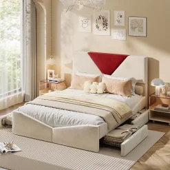 Simple Life Lit 140x190 avec Rangements, Tête de Lit Bicolore Bordeaux, 2 Tiroirs, Design Moderne, Velours, Beige Hot