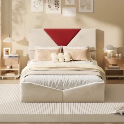 Simple Life Lit 140x190 avec Rangements, Tête de Lit Bicolore Bordeaux, 2 Tiroirs, Design Moderne, Velours, Beige Hot