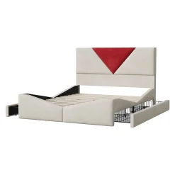 Simple Life Lit 140x190 avec Rangements, Tête de Lit Bicolore Bordeaux, 2 Tiroirs, Design Moderne, Velours, Beige Hot