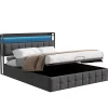 Fortuna lai Lit 140x200 avec Sommier, Cadre de lit avec Éclairage LED et 2 Prises CA & 2 Ports USB,Tissu en Lin, Gris