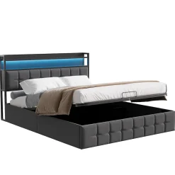Fortuna lai Lit 140x200 avec Sommier, Cadre de lit avec Éclairage LED et 2 Prises CA & 2 Ports USB,Tissu en Lin, Gris