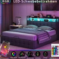 Fortuna lai Lit 140x200 avec Sommier, Cadre de lit avec Éclairage LED et 2 Prises CA & 2 Ports USB,Tissu en Lin, Gris