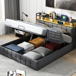 Fortuna lai Lit 140x200 avec Sommier, Cadre de lit avec Éclairage LED et 2 Prises CA & 2 Ports USB,Tissu en Lin, Gris