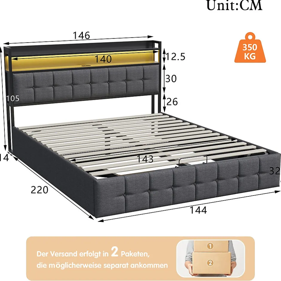 Fortuna lai Lit 140x200 avec Sommier, Cadre de lit avec Éclairage LED et 2 Prises CA & 2 Ports USB,Tissu en Lin, Gris