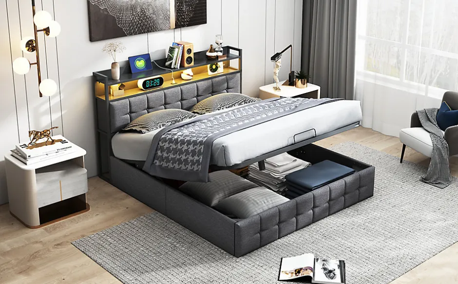 Fortuna lai Lit 140x200 avec Sommier, Cadre de lit avec Éclairage LED et 2 Prises CA & 2 Ports USB,Tissu en Lin, Gris