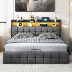 Fortuna lai Lit 160x200 avec Sommier, Cadre de lit avec Éclairage LED et 2 Prises CA & 2 Ports USB,Tissu en Lin, Gris