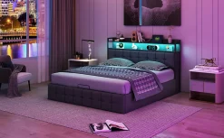 Fortuna lai Lit 160x200 avec Sommier, Cadre de lit avec Éclairage LED et 2 Prises CA & 2 Ports USB,Tissu en Lin, Gris