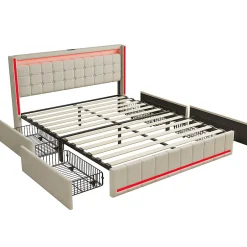 Fortuna lai Lit 160x200 avec Sommier LED et USB, Lit Coffre 140x200 avec Lattes et 4 Tiroirs , Beige
