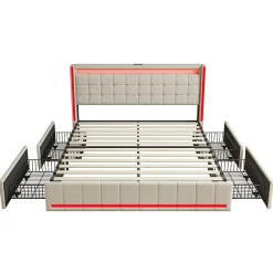 Fortuna lai Lit 160x200 avec Sommier LED et USB, Lit Coffre 140x200 avec Lattes et 4 Tiroirs , Beige