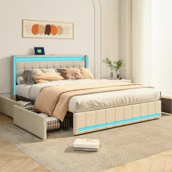 Simple Life Lit 140x190 avec Sommier LED et USB, Lit Double avec 4 tiroirs, Beige