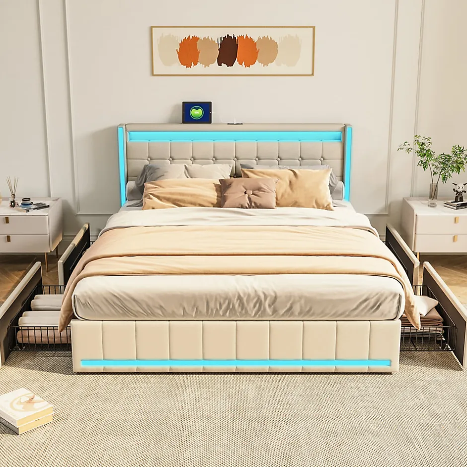 Simple Life Lit 140x190 avec Sommier LED et USB, Lit Double avec 4 tiroirs, Beige