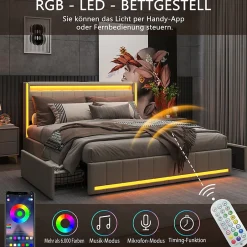 Simple Life Lit 140x190 avec Sommier LED et USB, Lit Double avec 4 tiroirs, Beige