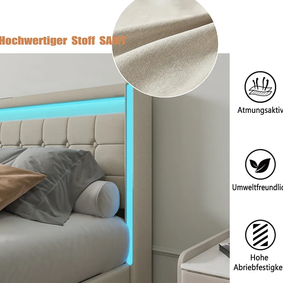 Simple Life Lit 140x190 avec Sommier LED et USB, Lit Double avec 4 tiroirs, Beige