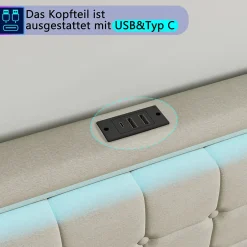 Simple Life Lit 140x190 avec Sommier LED et USB, Lit Double avec 4 tiroirs, Beige