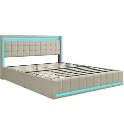 Simple Life Lit 140x190 avec Sommier LED et USB, Lit Double avec 4 tiroirs, Beige