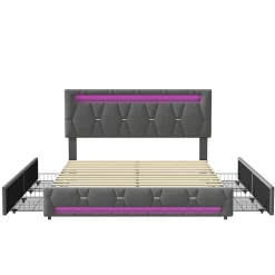 Fortuna lai Lit 160x200 avec Sommier LED et USB,Lit capitonné avec 4 tiroirs et Grand Rangement Lit,Gris Hot