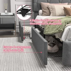 Fortuna lai Lit 160x200 avec Sommier LED et USB,Lit capitonné avec 4 tiroirs et Grand Rangement Lit,Gris Hot